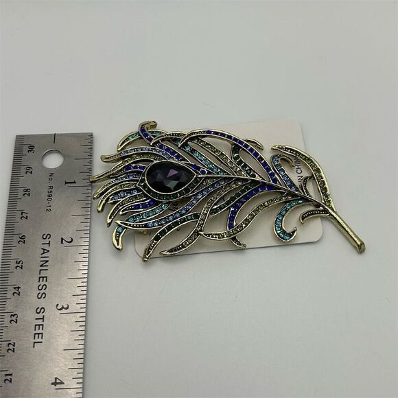Vibrant Purple, Blue & Green Peacock Feather Rhinestone Large Statement Brooch - Picture 8 of 11